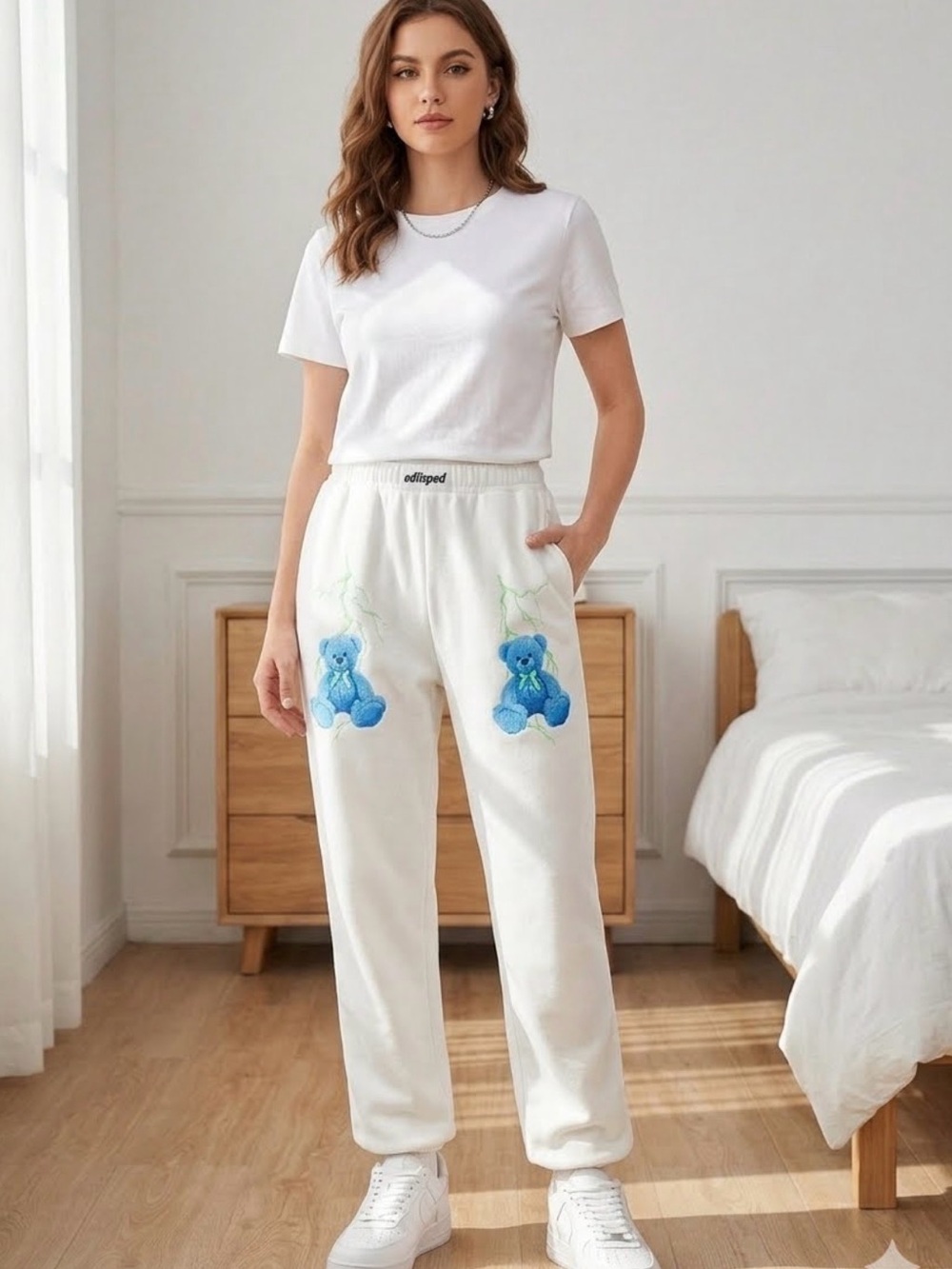 Edikted White Sweatpants with Blue Teddy Bear Graphics